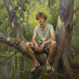 beautiful oil painting of george sitting on a tree, day light, sunlight swamp, award - winning, matte,