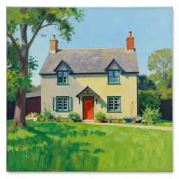 a painting of a beautiful cottage, with a lush grass lawn, featuring a tree in the style of andy warhol