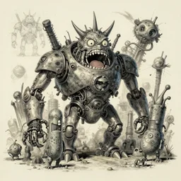 a mechanical blueprint of a lovecraftian mechanized funny crazy monsters, wide shot,, muted colors, post grunge, studio ghibli, hq, art by artgem
