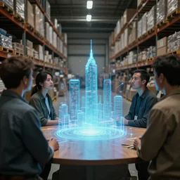 people in a warehouse looking at a hologram of futuristic city on a table, 1 2 0 mm cinematic