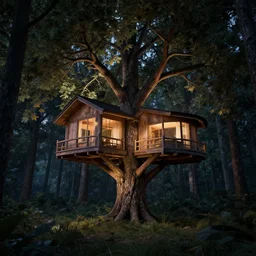 an award winning photograph of a treehome in the woods at night, unreal engine, octane render, lumion, architectural, concept art, hyper detailed, perfection, dramatic lighting