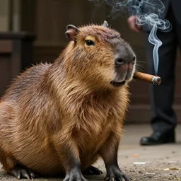 an accurate capybara wearing a suit smoking a cigar, cinematic, still shot from breaking bad