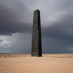 a long shot national geographic photograph by carr clifton depicting a huge blackt monolith war memorial towering above the ground in an arid desert landscape with roiling storm clouds