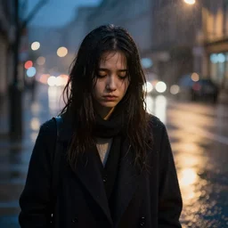 portrait of a sad person by rebecca guay, rain, street at night, melancholy