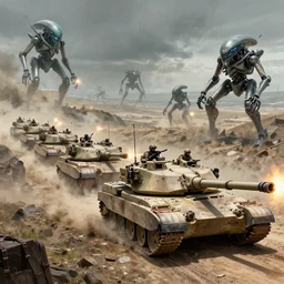 an M1A1 Abrams tank platoon lined up at a ridge and shooting at invading alien mechs, by Greg Rutkowski, warfare, sci-f, 4k, detailed, gritty