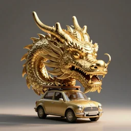 small car transporting a large dragon head on top
