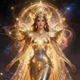 portrait of the powerful queen of the solar system in the style of charlie bowater and in the style of luis royo. glowing, ornate and intricate, stunning, dynamic lighting, intricate and detailed.