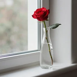 The image would feature a windowsill with two vases. One vase containing a red rose. And the other vase containing a blue violet. The natural light from the window would be shining in on the scene. Trending on artstation