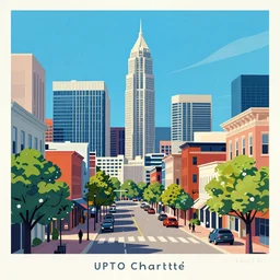 brilliantly colorful lithograph of a high resolution photograph of uptown Charlotte North Carolina in the style of Vincent Van Gogh's Starry Night