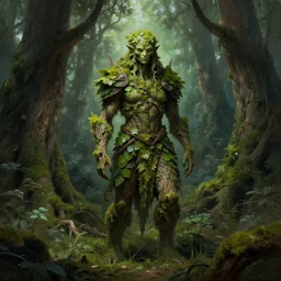 mossy wood spirit with skin of leaves and armor of bark standing in a sacred grove. d & d fantasy art, digital painting, magical forest, 8 k resolution, volumetric lighting, full - length portrait.