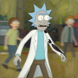 rick and morty painting by phil hale, francisco goya,'action lines '!!!, graphic style, visible brushstrokes, motion blur, blurry, hd image