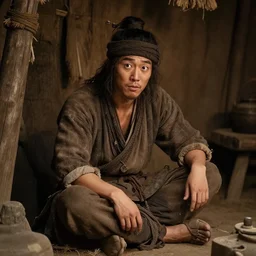 Sang Jung Kim as an intelligent, cunning, playful  peasant man,  sits in a peasant hut. High detail, photorealistic, cinematic lighting, brown tones, atmospheric,  fantasy concept art by Artur Mósca, Craig Wylie, Daniel Gerhartz