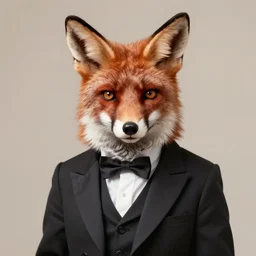 male fox wearing tuxedo, victorian era