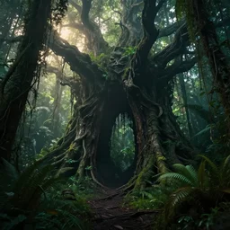 ravenous, ominous portal to hades embedded in a creepy tree in a densely overgrown, magical jungle, fantasy, dreamlike sunraise, ultra realistic, atmospheric, stopped in time, epic