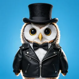 cute owl wearing black biker jacket, portrait photo, backlit, studio photo, bow tie, background colorful, kobalt blue, tophat over head