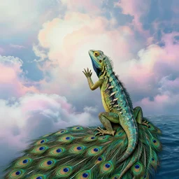 post - minimalism portrait of mastery watershed, top down view, lizard king / queen forgiveing, iridescent clouds, vibrant peacock color scheme, highly detailed, in the style of romanticism, cinematic, artstation, moebius, greg rutkowski