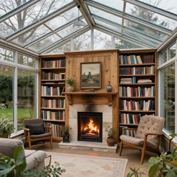 beautiful cozy home library in a glass conservatory, fireplace, winter, garden