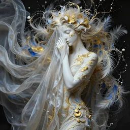 a wide portrait of a beautiful girl, porcellaine skin with golden tears, hiding face and torso behind beautiful intricate flowy silky cloth, dramatic lighting, intricate translucent feathers, splashy intricate thick paint texture on the face and body, intricare abstract flower arrangement, gold and blue palette