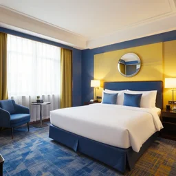 a 4 k photorealistic photo hotel room picture of a luxury blue and yellow hotel room suite