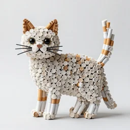 a structure made of white cigarette buds depicting a cat
