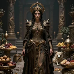 a full body portrait of a goddess of feast and famine, ominous, cinematic shot, realistic, photography, depth of field, fantasy, ornate, intricate detail, finely detailed, photorealistic, epic, high definition, 8 k, artstation, midjourney, deviantart, ( ( irwin penn ) )
