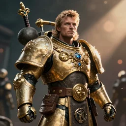 Portrait of Robbie Lyle as the emperor of humanity from warhammer 40k in Gears of War, splash art, movie still, cinematic lighting, dramatic, octane render, long lens, shallow depth of field, bokeh, anamorphic lens flare, 8k, hyper detailed, 35mm film grain