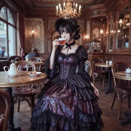 lomography, full body portrait photo of reol wearing a elegant gothic dress, open top, wearing a chocker and cute hat, drinking tea in a large open victorian cafe interior, moody, realistic, intricate and detailed, dark, skin tinted a warm tone, light blue filter, hdr, 8 k