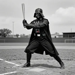 vintage black and white photograph of darth vader playing baseball
