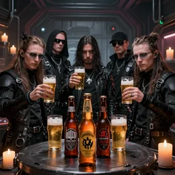 swedish black metal band with bright bottles of beer, all black cyberpunk clothes, glasses of beer, futuristic, realistic, promo photograph, epk, in a room full of candles, high quality, highly detailed