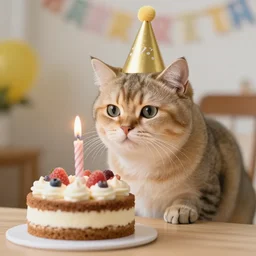 photo of a cat celebrating his birthday with a cake. highly - detailed, award - winning