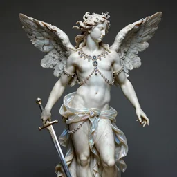 sculpture of a pale lithe muscular androgynous male fairy, long hair flowing in the wind, carrying a sword, diaphanous iridescent silk loincloth, ultra realistic, intricate and ornate crystal jewelry, highly detailed, in the style of bernini and michelangelo.