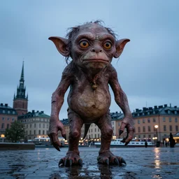 cinematic mobile photo of a huge gollum protecting stockholm, sweden, dusk light after the rain.