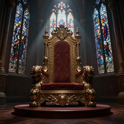 Digital art of the opulent ornate throne room Imperial matte finish, ominous dramatic  wide angle, god rays stained glass Marc Simonetti