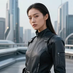 photograph of a techwear woman, closeup, on the rooftop of a futuristic city, sigma 85mm f/1.4, 4k, depth of field, high resolution, 4k, 8k, hd, full color