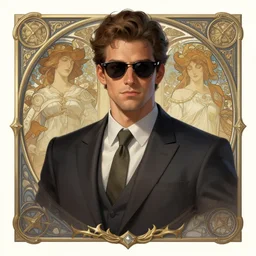 a hansome man wearing sunglasses and suit, photography of kurzgesagt, deep focus, d & d, fantasy, intricate, elegant, highly detailed, digital painting, artstation, concept art, matte, sharp focus, illustration, hearthstone, art by artgerm and greg rutkowski and alphonse mucha