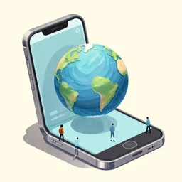 illustration of a mobile phone with a planet inside the screen going out of it, in 4 d, detailed and intricate forty five degree isometric cross, small people walking on the phone screen, by victo ngai and studio muti