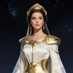 portrait of the powerful empress of the solar system in the style of gil elvgren and in the style of alberto vargas. glowing, ornate and intricate linework, stunning, dynamic lighting, ultrafine and hyperdetailed.