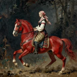 by giovanni battista piranesi, by frederic remington 1 9 7 0 s era, cool subdued. a street art of a heroine riding on a magnificent red horse. traditional russian folk costume & headscarf. pale & beautiful, resolve in her eyes. horse's hooves churn up earth as they gallop, dark forest looms.