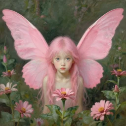one pink fairy with large wings exploring her lonely flower garden by herself in the style of tom bagshaw, william bouguereau, extremely detailed, muted colors, symmetrical face, large eyes, beautiful face