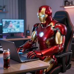 iron man sit on chair and play laptop in gamer room, chips and coke on table, trending on artstation, highly detailed, sharp focus, 8 k