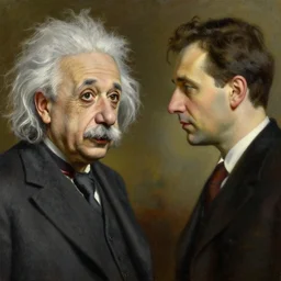 Portrait of Albert Einstein looking eye to eye with Leo Szilard, oil painting