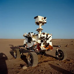 A photograph of the 6-wheeled Opportunity Mars rover reuniting with its twin brother, Spirit, with a blue martian sunset, 4K 15mm f/1.4, very detailed
