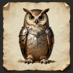 a parchment illustration portrait of anthropomorphic owl birdfolk with armor, fantasy.