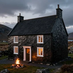 photorealistic interior rendering of a hebridean black house, fire, old architecture, traditional