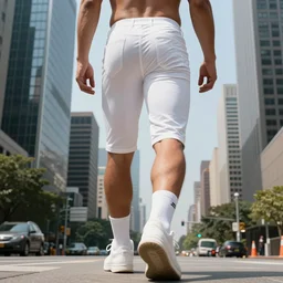 man larger than skyscrapers wearing tight white shorts walks around the city, low angle shot, highly detailed, digital art, sharp focus, super realistic, ultrarealism, photorealism, trending on artstation, award winning, 4 k post - processing highly detailed