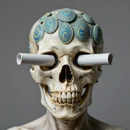 a self portrait by the artist kelbv, in distinct hyper detailed style with tubes coming from eyes, and hollowed skull filled with blue and yellow paisley ellipsoids, perfect studio lighting against a backdrop of a still from the movie squid asthma.