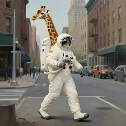 a giraffe astronaut walking on new york street, surreal painting by rene magritte