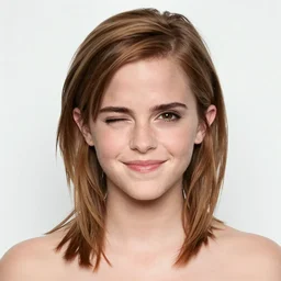 Emma Watson winking at the camera, XF IQ4, f/1.4, ISO 200, 1/160s, 8K, RAW, unedited, symmetrical balance, in-frame, sharpened
