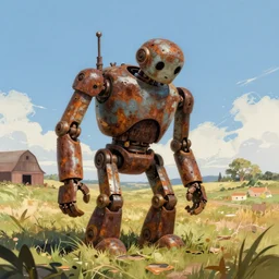 a single colossal rusty old robot sad and alone in an empty field in the countryside with a barn on a bright sunny day by mike allred and moebiusand karol bak sharp digital painting. dreaming latent space. matte painting, concept art. artstation. digital render. realistic, 8 k
