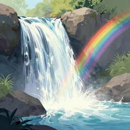 artdeco illustration waterfall cascading onto rocks, small rainbow emerging in background, holographic, beautiful scenery,